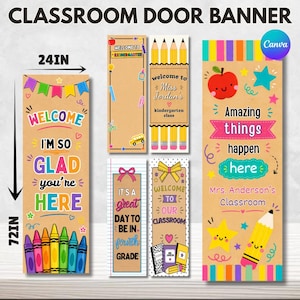 May include: A set of vertical classroom door banners featuring colorful school-themed graphics, including crayons, pencils, stars, and apples. The banners display text such as Welcome, I'm so glad you're here, and Amazing things happen here. Dimensions are 24in by 72in.