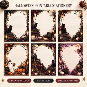 May include: Six sheets of Halloween printable stationery measuring 8.5 by 11 inches. Each page features lined writing space surrounded by decorative borders with illustrations of black cats, pumpkins, ghosts, castles, ravens, and lanterns.