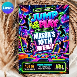 May include: A neon-themed birthday invitation for Mason's 10th birthday party at Skyzone Fun Arena on August 16 from 2:00 PM to 5:00 PM. The graphic features silhouettes of children jumping in a trampoline park with bright text Jump & Play.