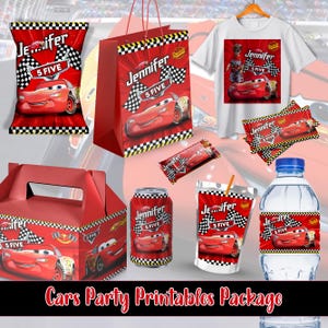 May include: A collection of red Cars-themed party printables, including a bag, shirt, candy wrappers, juice box, water bottle, and a box. Each item features the text "Jennifer 5 FIVE" and a race car design. The phrase "Cars Party Printables Package" is at the bottom.