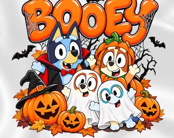 May include: A graphic illustration featuring the orange text BOOEY above four cartoon dogs in Halloween costumes. One dog wears a vampire cape, one a pumpkin suit, and two wear white ghost sheets. Three jack-o'-lanterns and bats are included.