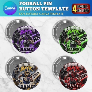 Può includere: Quattro modelli circolari di spille da football con un giocatore in uniforme e il testo RUNNING BACK, NAME e 2026. I design sono disponibili in schemi di colore viola, verde, blu e rosso con sfondi raffiguranti uno stadio.