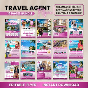 May include: A 15-page bundle of travel agent flyers featuring various vacation destinations, cruise themes, and tropical imagery. Each flyer includes editable text sections, promotional pricing, and travel photography with a consistent pink and white color scheme.
