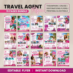 May include: A digital bundle of 15 travel agent flyer templates featuring pink and white color schemes, various vacation destination imagery, promotional text, and editable sections for theme parks, cruises, and travel packages in a grid layout.