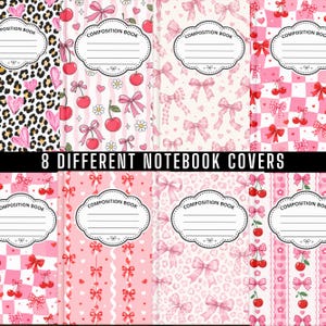 May include: Eight composition book covers featuring various pink and white patterns including leopard print with hearts, cherries, bows, and checkered designs. Each cover includes a central white label with the text COMPOSITION BOOK and lines.