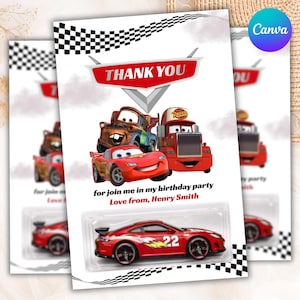 Puede incluir: Tarjetas de agradecimiento de cumpleaños con los personajes de la película Cars. Las tarjetas tienen un diseño de bandera a cuadros rojos y blancos e incluyen el texto "THANK YOU" y "for join me in my birthday party Love from, Henry Smith". También aparece un coche de juguete rojo.