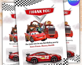Etiqueta editable para empaques de autos de juguete con temática de McQueen para cumpleaños, etiquetas para regalos de fiesta de autos de carreras, recuerdos de cumpleaños de autos imprimibles y editables en Canva