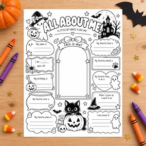 May include: A black and white Halloween-themed All About Me worksheet featuring a central frame for a photo, surrounded by prompts for personal details. The page includes illustrations of a ghost, a cat in a pumpkin, a haunted house, and bats.