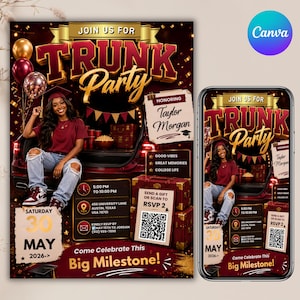 Op de afbeelding: Een digitale flyer en smartphone-weergave voor een Trunk Party ter ere van Taylor Morgan op zaterdag 30 mei 2026. Het ontwerp toont een persoon zittend in een kofferbak, ballonnen, bagage, een QR-code voor RSVP's en diverse evenementgegevens.