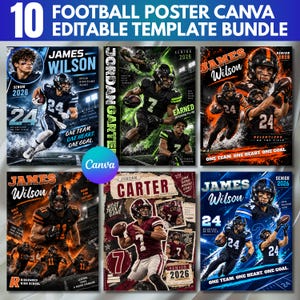 Pode incluir: Um pacote digital de 10 modelos de pôster de futebol americano editáveis apresentando vários atletas em uniforme, cenas de ação no campo e tipografia ousada com nomes como James Wilson e Jordan Carter, incluindo o texto 10 FOOTBALL POSTER CANVA EDITABLE TEMPLATE BUNDLE.