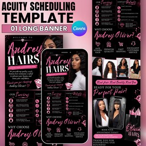 May include: A black and pink digital marketing template for hair services featuring the text Audrey Hairs, a list of services, contact details, and icons. The design includes diamond graphics and photos of individuals with long dark hair.