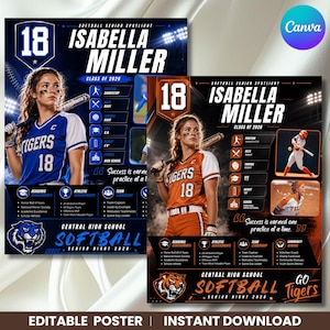 Softbollaffisch Canva-mall, softbollbakgrund för anpassade sportaffischer, seniorbanderoller, kort, minneskompisar, mall som inte är Photoshop