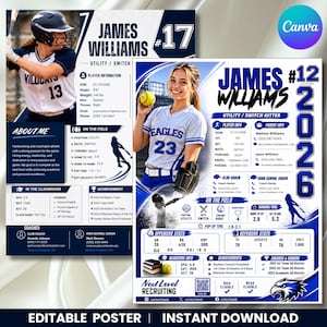 May include: A digital sports recruiting poster template featuring a softball player in a white and blue uniform, including sections for player information, academic stats, offensive and defensive statistics, and contact details in a blue and white layout.