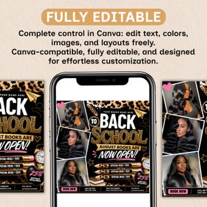 back to school flyer, August booking flyer, back to school booking flyer, hair flyer template, braids flyer, lash booking flyer, wig install flyer, nail salon flyer, beauty salon promotion, editable Canva flyer, hairstylist marketing template, braid special flyer, student discount flyer, beauty business advertisement, salon booking template, social media beauty flyer, DIY Canva template, instant download, digital download.