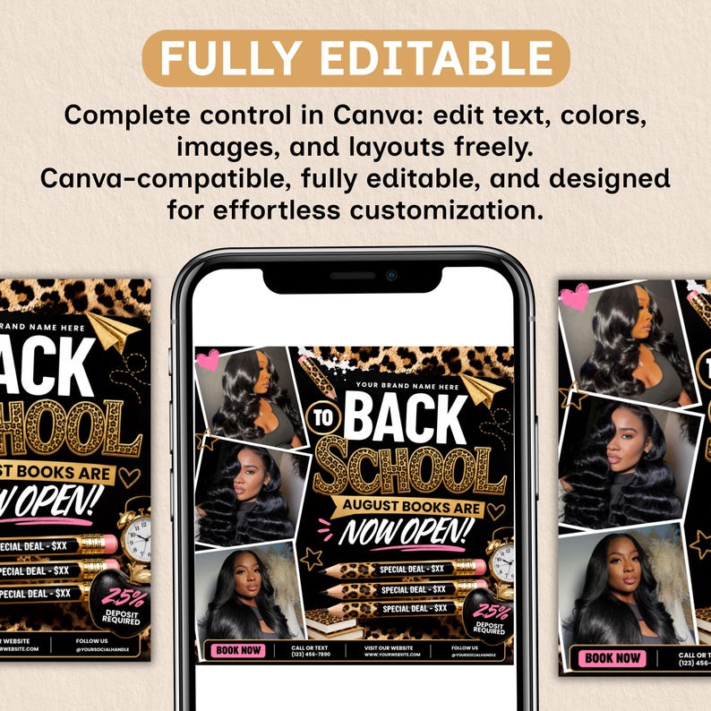 back to school flyer, August booking flyer, back to school booking flyer, hair flyer template, braids flyer, lash booking flyer, wig install flyer, nail salon flyer, beauty salon promotion, editable Canva flyer, hairstylist marketing template, braid special flyer, student discount flyer, beauty business advertisement, salon booking template, social media beauty flyer, DIY Canva template, instant download, digital download.