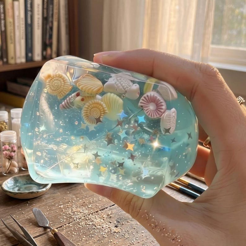 May include: A clear, rectangular resin paperweight filled with miniature seashells and star-shaped glitter. The resin has a light blue hue, creating a watery effect. The paperweight is held in a hand.