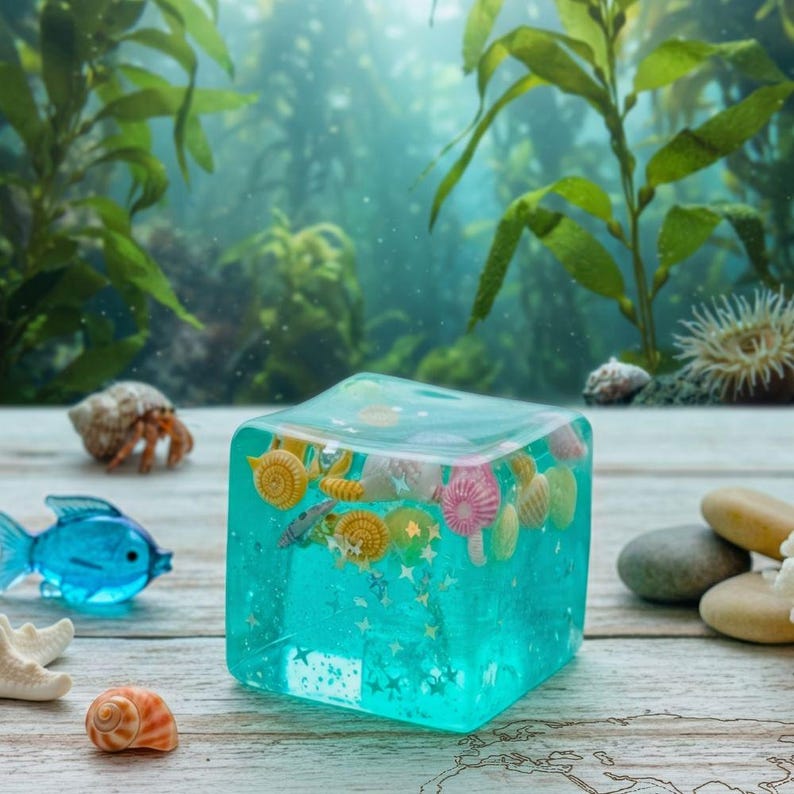 May include: A clear, turquoise resin cube encases various seashells and starfish. A blue plastic fish, a hermit crab, and other seashells are arranged on a wooden surface in front of a blurred underwater background.