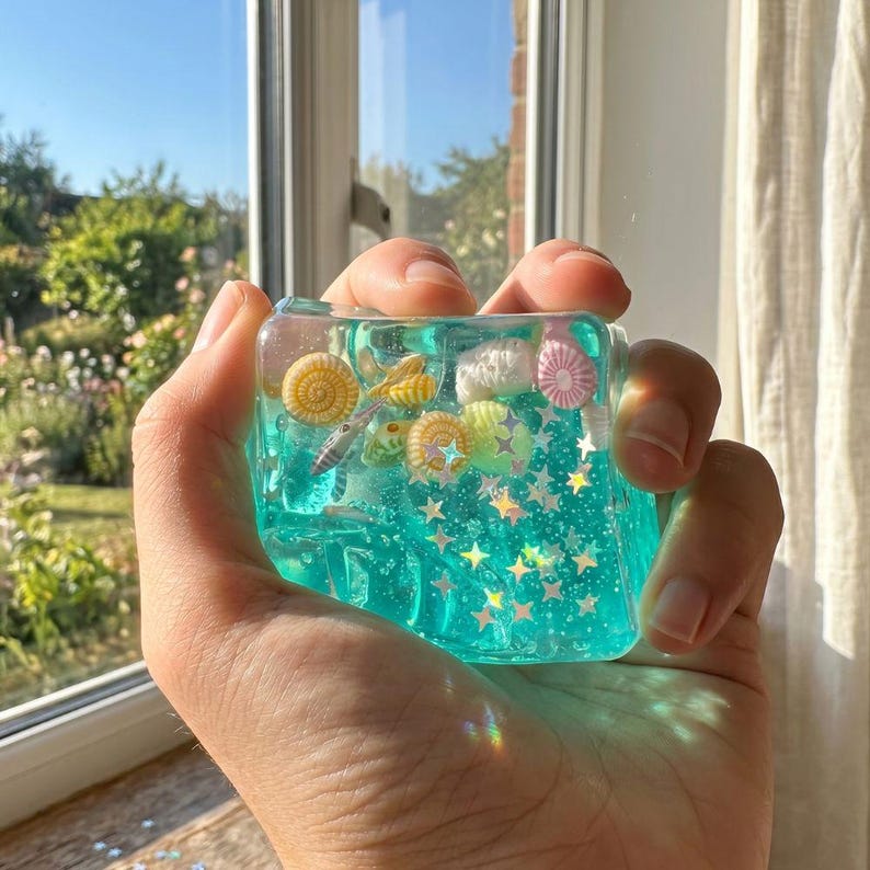 May include: A clear, square-shaped resin object filled with turquoise liquid and miniature seashells, starfish, and glitter stars. The resin is held in a hand near a window, with sunlight reflecting off the surface. The object is a decorative item.