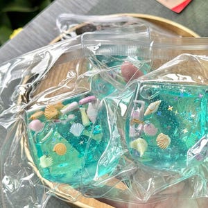 May include: Clear plastic pouches filled with turquoise-colored gel, miniature seashells, and glitter. The pouches are sealed and appear to be part of a craft or decorative project, possibly for resin art or jewelry making.