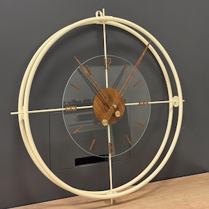 XL Metal Wall Clock Beige Walnut | Jumbo Silent Modern Statement Decor 65cm