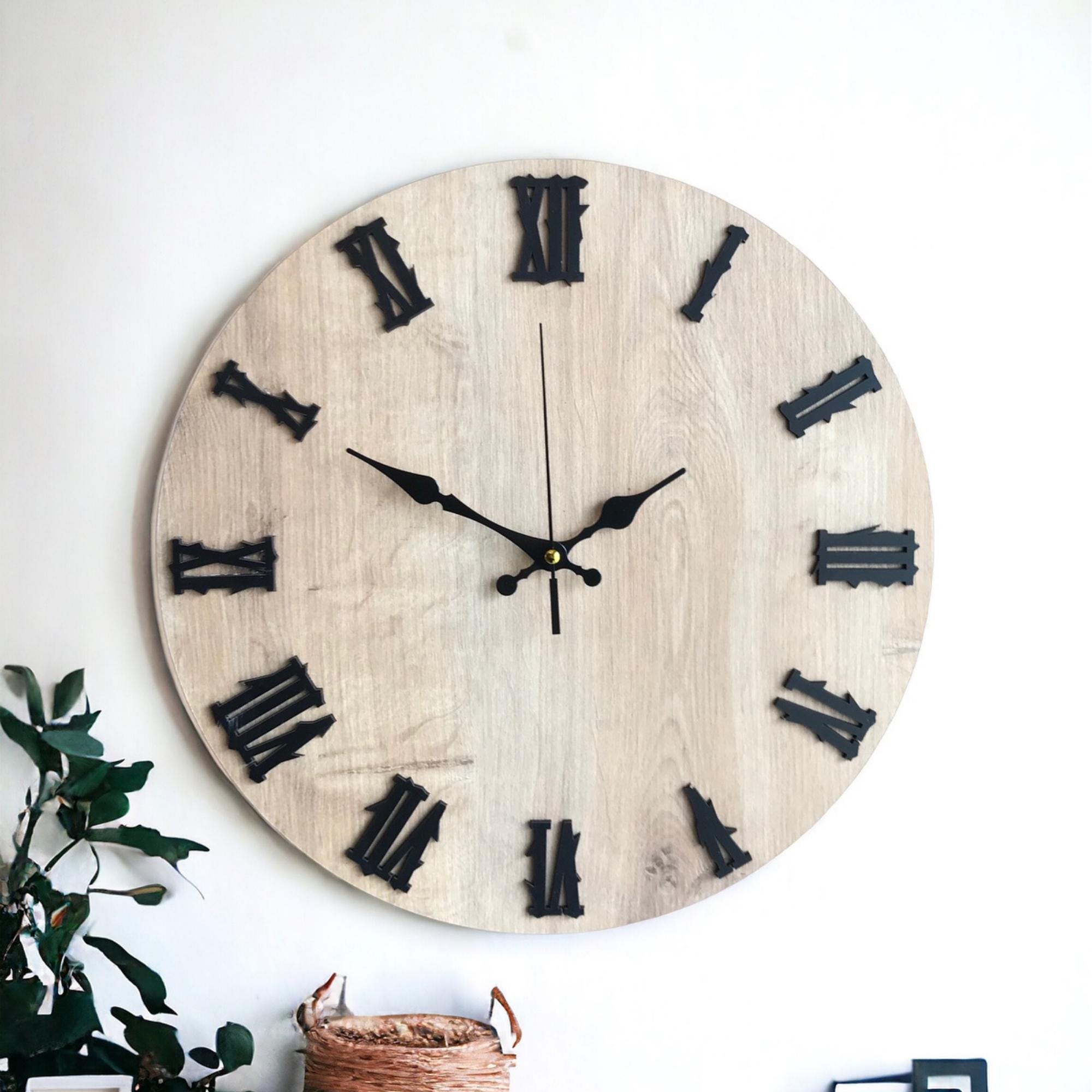 Handmade Roman Numeral Wood Wall Clock | Minimalist Boho Retro Decor ...