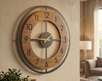 Grande orologio da parete silenzioso in legno, 50 cm / Decorazione moderna e minimalista in bianco e nero