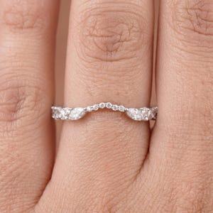 Marquise Curved Wedding Band Moissanite Chevron Sterling Silver Stacking Contour Ring Bridal Promise Gift