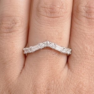 Baguette Moissanite Chevron Wedding Band Sterling Silver Curved Stacking Ring Vintage Matching Bridal Gift
