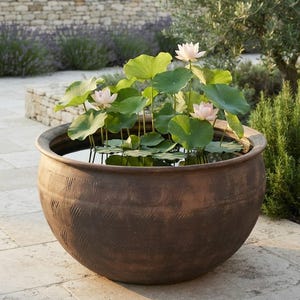 May include: A large, round, dark brown ceramic bowl filled with water, containing several green lotus leaves and three pale pink lotus flowers. The exterior of the bowl features a textured, horizontal ribbed pattern around the upper rim.
