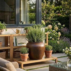 Op de afbeelding: Een grote, ronde, donkerbruine keramische plantenbak met een weelderige rozemarijnplant, geflankeerd door twee kleinere terracotta potten met rozemarijn, allemaal rustend op een houten consoletafel met glazen planken op een terras.