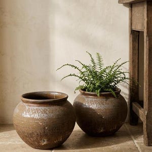 May include: Two round, brown ceramic pots with a wide opening and a textured, weathered finish. One pot is empty, while the other contains a green fern plant. The pots have a mottled appearance with lighter grey-toned patches.