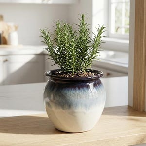 Könnte beinhalten: Eine Rosmarinpflanze mit nadelartigen grünen Blättern in einem runden Keramiktopf. Der Topf hat eine reaktive Glasur mit einem tiefdunkelblauen Rand, der in ein helleres Blau übergeht und mit einer cremeweißen Basis abschließt.