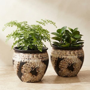 Set of 2 Reactive Glaze Ceramic Planters, Wabi Sabi Rustic Pottery, Artisan Indoor Outdoor Pots