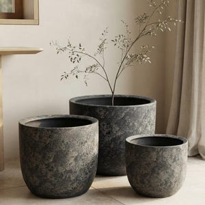 May include: A set of three cylindrical planters with a dark, mottled, stone-like texture in shades of charcoal and grey. The planters vary in size, with the largest one containing a thin, delicate branch with small green leaves extending upwards.