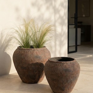 May include: Two large, round, dark brown terracotta pots with a weathered, textured finish and subtle decorative etched patterns around the upper rims. The taller pot contains a cluster of tall, thin, light green ornamental grass blades.
