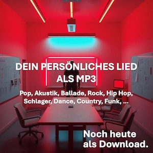 Könnte beinhalten: Ein rot beleuchteter Raum mit Tisch und Stühlen, der den Text "DEIN PERSÖNLICHES LIED ALS MP3" zeigt. Genres wie Pop, Rock und Dance sind aufgelistet. Der Satz "Noch heute als Download" ist ebenfalls sichtbar.