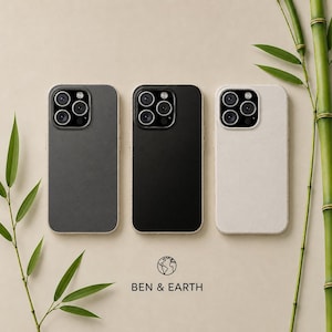 May include: Three smartphone cases in dark gray, black, and off-white, each featuring a triple-lens camera cutout. The text BEN & EARTH is printed below the cases alongside a circular globe icon, with bamboo stalks framing the sides of the image.