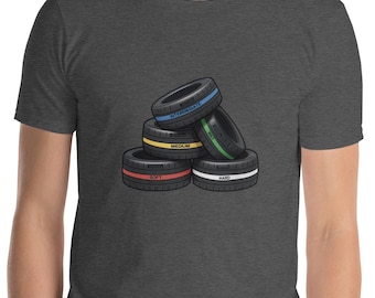 F1 T-shirt Formula One Racing Tyres Stack Intermediate Wet Medium Soft Hard Graphic Tee