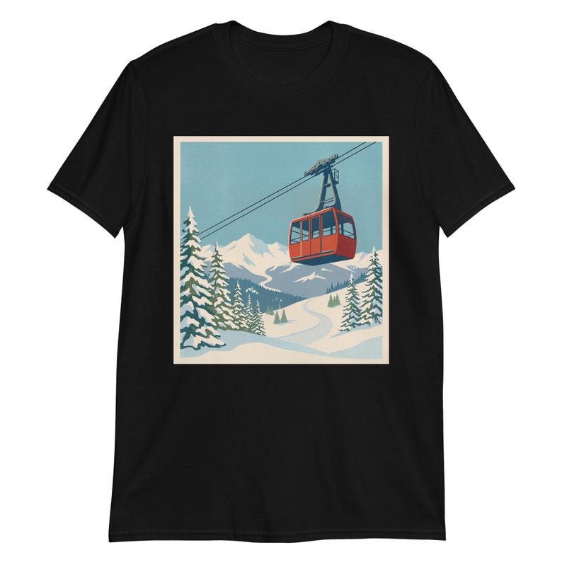 Retro Cable Car Mountain Graphic Tee Unisex Vintage Winter Scene Outdoor Nature Lover Gift