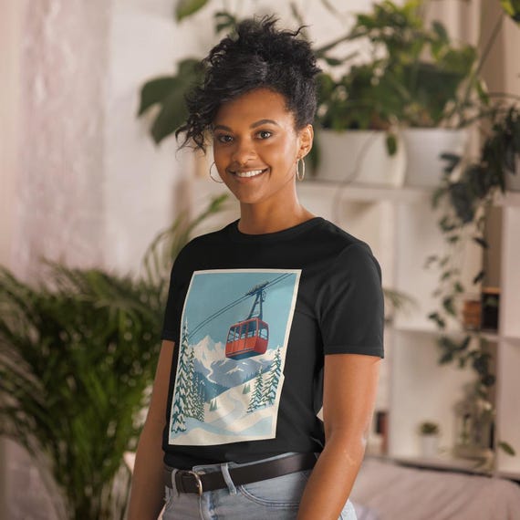 Retro Cable Car Mountain Graphic Tee Unisex Vintage Winter Scene Outdoor Nature Lover Gift