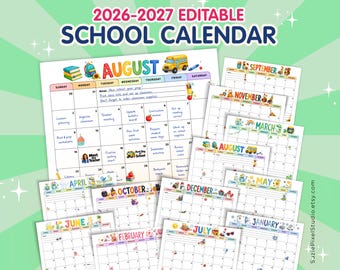 Pode incluir: Um conjunto de calendário escolar editável 2026-2027 com páginas mensais, ilustrações coloridas, layouts de grade para agendamento e espaço para notas. Cada página exibe o nome do mês em letras ousadas e vibrantes com ícones.