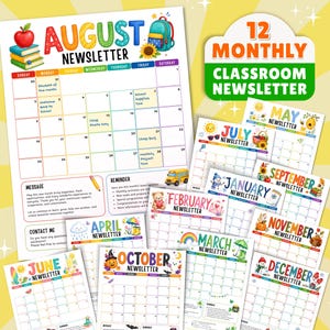 Puede incluir: Una colección de doce plantillas de boletines informativos mensuales para el aula con coloridas ilustraciones estacionales, cuadrículas de calendario y secciones para mensajes, recordatorios y contacto, destacando la plantilla de agosto.