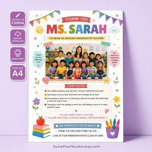 以下が含まれることがあります： 幼稚園の先生向けのカラフルなA4プリントで、「Thank You Ms. Sarah」の文字とクラスの写真が特徴です。デザインには、ハート、星、花などの装飾要素と、感謝の気持ちを表すテキストが含まれています。