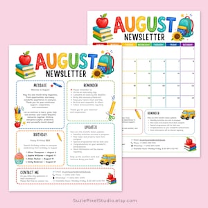 Op de afbeelding: Twee printbare augustus nieuwsbrief sjablonen met kleurrijke schoolthema afbeeldingen zoals appels, boeken, rugzakken en schoolbussen. De lay-outs bevatten secties voor berichten, herinneringen, verjaardagen en updates, naast een maandelijkse kalender.
