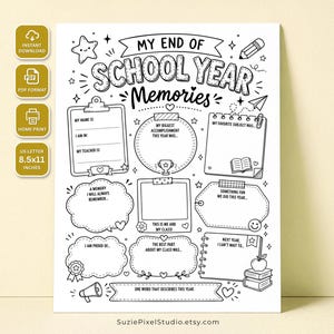 May include: A black and white printable worksheet titled My End of School Year Memories with sections for personal details, accomplishments, favorite subjects, and reflections. The page features hand-drawn doodles like stars, a pencil, and books, measuring 8.5x11 inches.