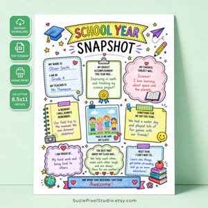 May include: A colorful School Year Snapshot printable worksheet featuring sections for student details, accomplishments, favorite subjects, and memories. The design includes hand-drawn illustrations like a globe, books, and a graduation cap, with text fields for an 8.5x11 inch format.