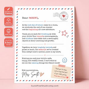 May include: A printable end-of-school letter for parents with red and blue airmail-style borders. The text reads Dear PARENT, As the last day of school comes to a close, we celebrate the end of one chapter and the beginning of a new adventure.