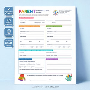Op de afbeelding: Een printbaar ouderinformatieformulier voor de Bright Future Academy, formaat 21,59 x 27,94 cm. Het document bevat secties voor gegevens van de leerling, ouders, huishouden en noodcontacten, met kleurrijke koppen, een handtekeningregel en illustraties.