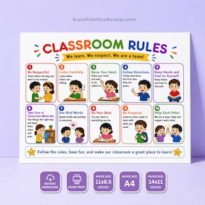 Può includere: Un poster con le regole della classe composto da dieci riquadri numerati colorati con illustrazioni di bambini e istruzioni. L'intestazione recita CLASSROOM RULES e We learn. We respect. We are a team! Il piè di pagina include il testo Follow the rules, have fun, and make our classroom a great place to learn! Quattro icone viola in basso indicano il download istantaneo, la stampa domestica e i formati carta come A4.