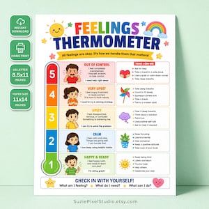 May include: A Feelings Thermometer educational chart featuring a numbered scale from 1 to 5 with corresponding illustrations of children, emotional states, and coping strategies. The poster includes text, a sun, a rainbow, and stars on a white background.